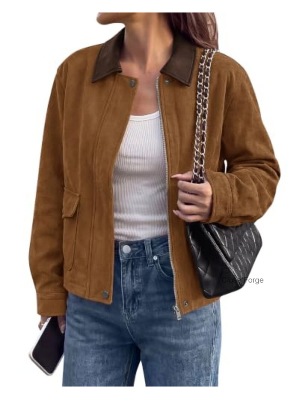 Faux Suede Jacket Women Leather Lapel Zip Up Button Fall Winter